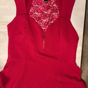 A. Byer Red Sleeveless Peplum Blouse with Lace Detail